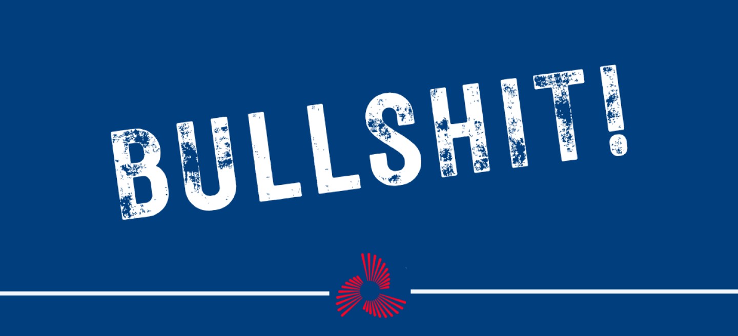Bullshit Busters graphic on a navy background: with the words "BULLSHIT!" stamped across.