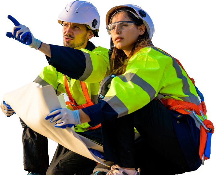 Two individuals in safety gear, engaged in a discussion or planning activity.